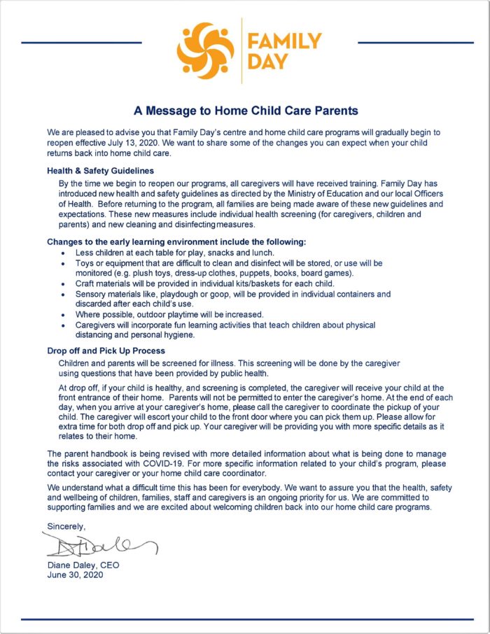 A Message to Home Child Care Families - Family Day : Family Day