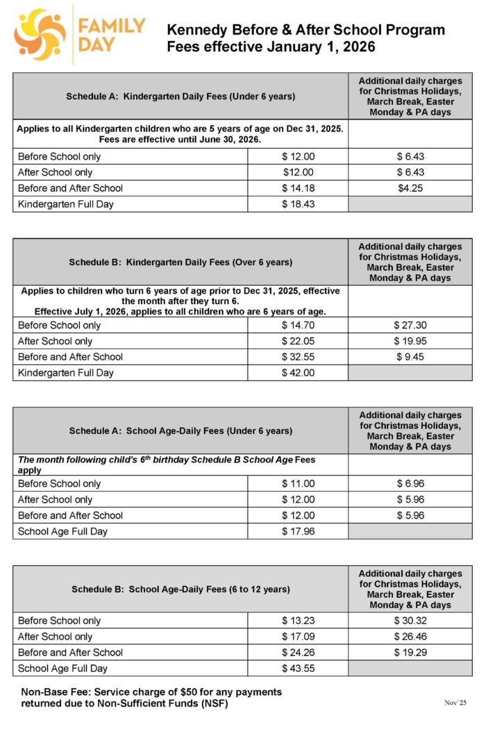Click here to download a PDF of Kennedy Before & After School Program Fees effective January 1, 2026