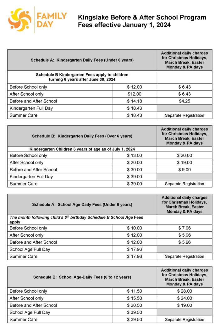 Kingslake Before & After School Program Fees effective January 1, 2024