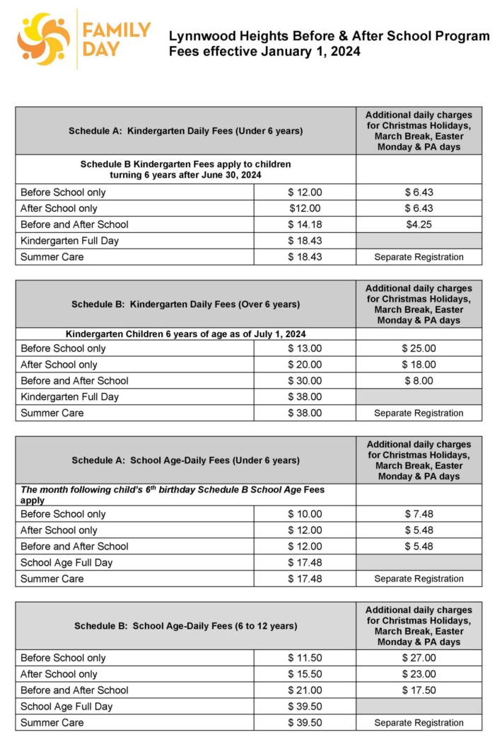 Lynnwood Heights Before & After School Program Fees effective January 1, 2024