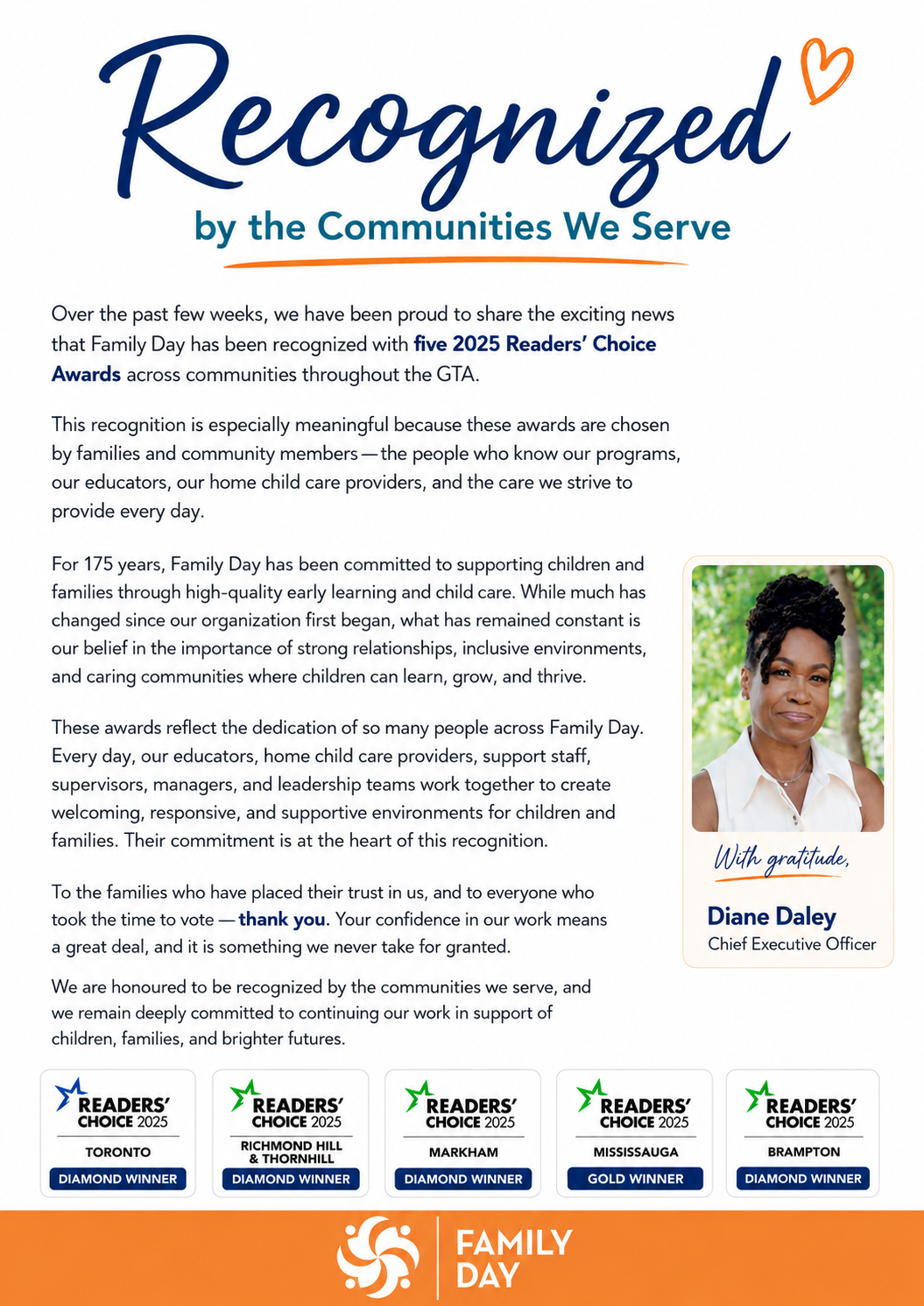 Click on this page to download a pdf copy of a message from Family Day's CEO, Diane Daley, about the agency being awarded five 2025 Readers' Choice Awards