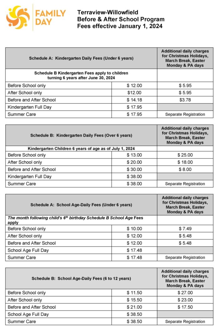 Terraview-Willowfield Before & After School Program Fees effective January 1, 2024