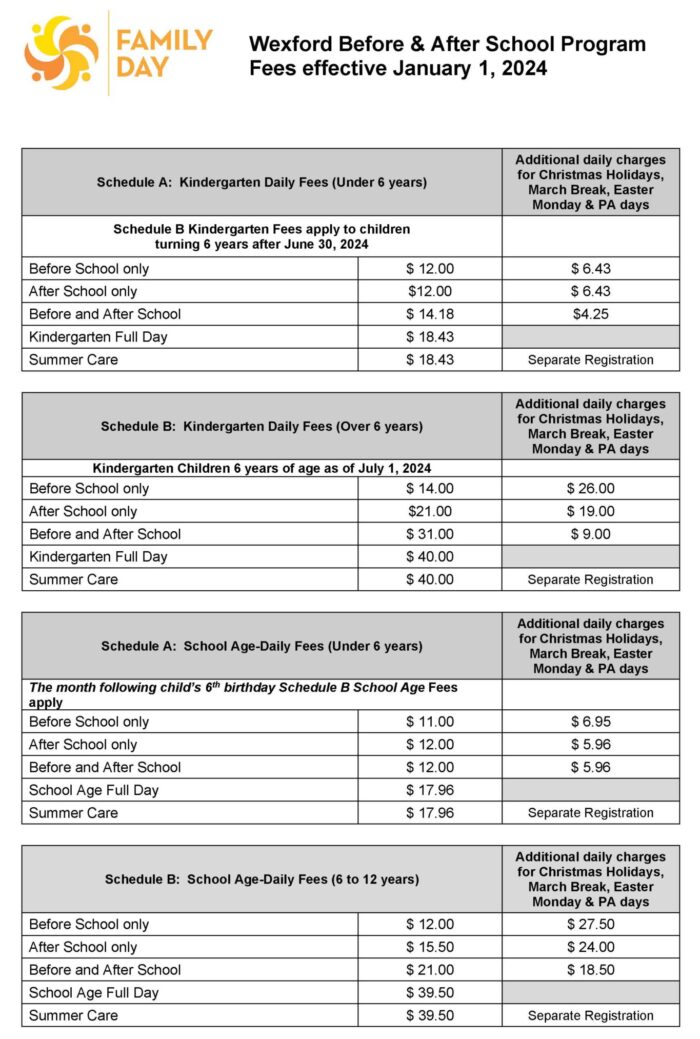 Wexford Before & After School Program Fees effective January 1, 2024