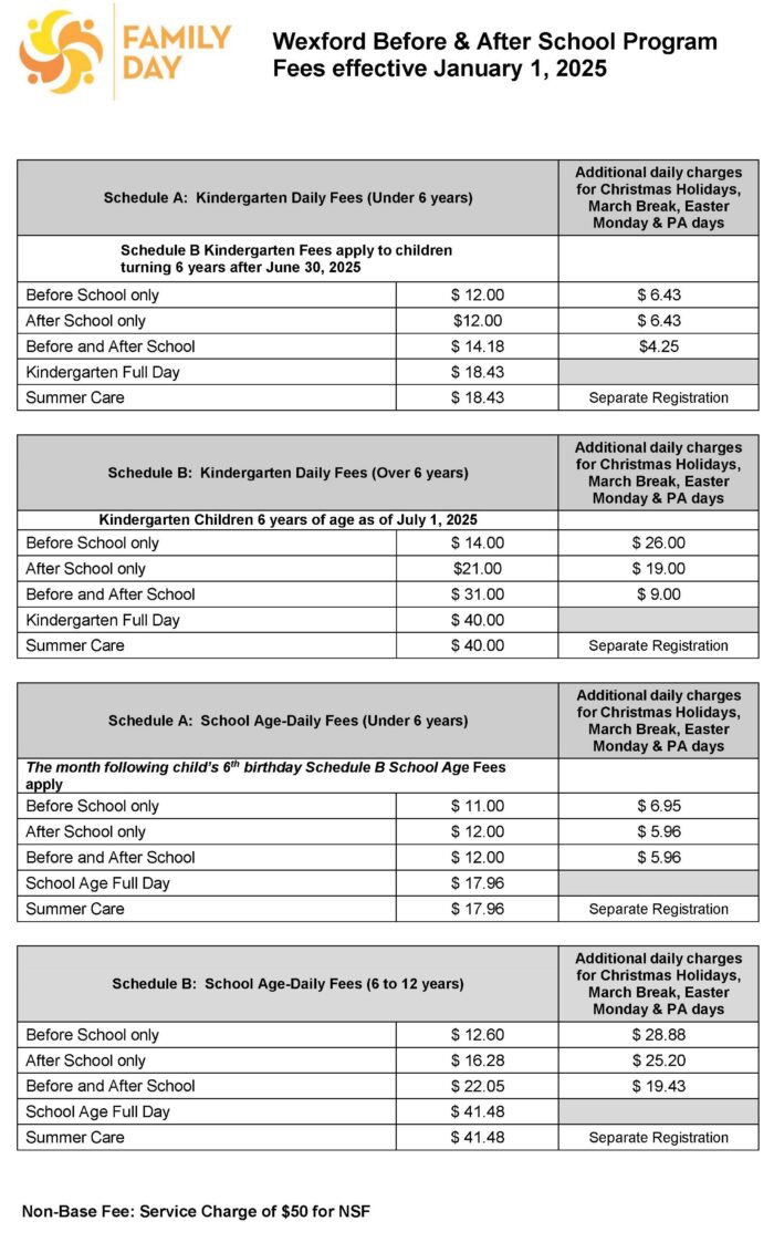 Wexford Before & After School Program Fees effective January 1, 2025